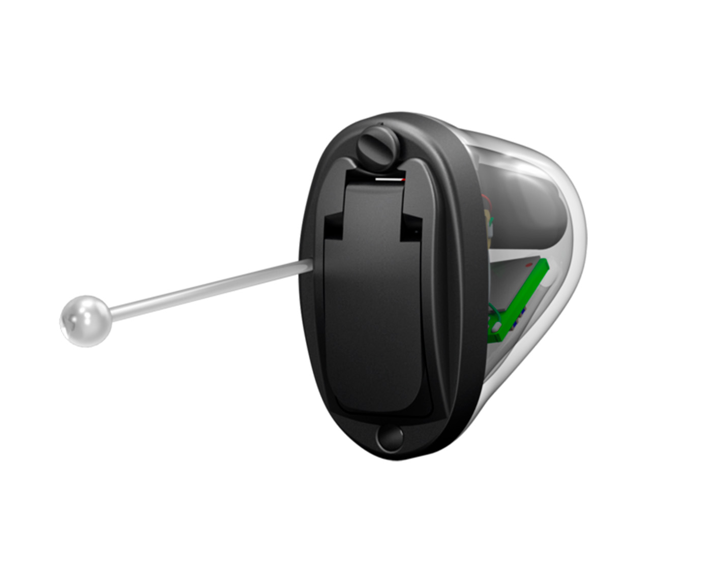 Bernafon_Encanta_IIC_Right_TranspShell_C005BlackFP_Bat10_Angled_500pctSize_TIF